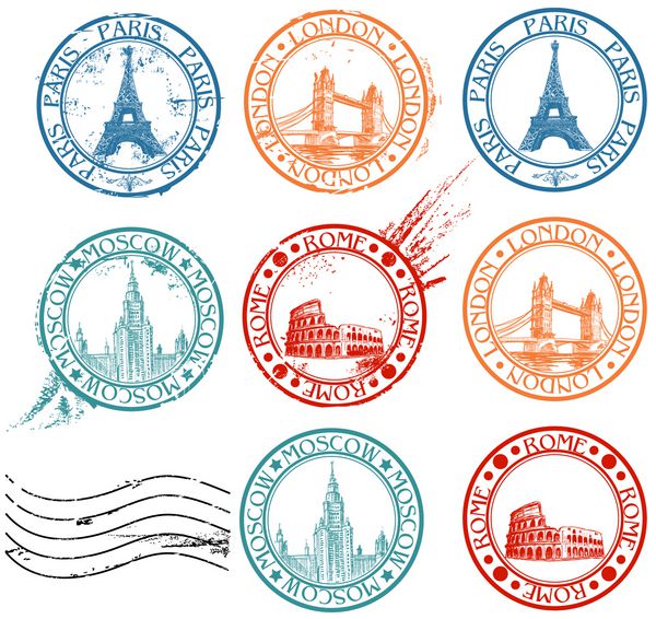 مجموعه تمبرهای شهر با نمادها پاریس برج ایفل لندن پل لندن رم کولوسئوم مسکو دانشگاه لومونوسوف