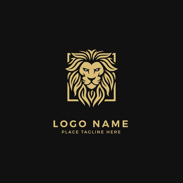 Logo Logo King Lion Head Logo چهره قوی و چهره شیر با پرچم مضر و چشم با شکوه Logo Golden Royal Premium Elegant Design Identity Branding Icon Badge Emblem Square Frame