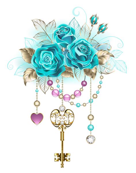 کلید عتیقه با گل های رنگارنگ فیروزه ای مرسوم با برگ های طلای سفید و دانه های صورتی و آبی تزئین شده است