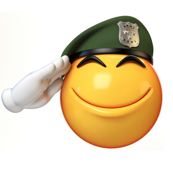 شخص ثالث Emoji جدا شده بر روی زمینه سفید شکلک های نظامی پوشیدن Beret تبریک 3D رندر