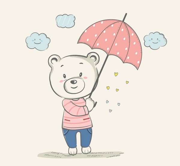 خرس کوچک با چتر صورتی و ابر برای تی شرت چاپ محصول بروشور پچ پارچه کارت مد تبریک کودک بچه دوش پودر صابون دست کشیده سبک تصویر برداری