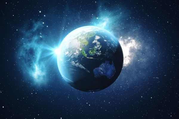 3D رندر جهان جهانی زمین زمین با ستاره ها و سحابی زمین کهکشان و خورشید از فضا طلوع آفتاب عناصر این تصویر مبله شده توسط ناسا