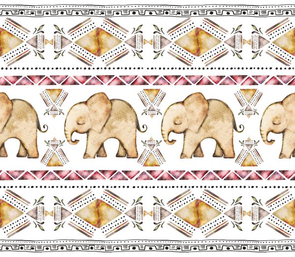 الگوی بدون درز لبه مرز با تصویر آبرنگ فیل هند هندسی با مثلث حیوانات قومی نوار پارچه های تزئینی قبیله ای چاپ پس زمینه زرد فهرست
