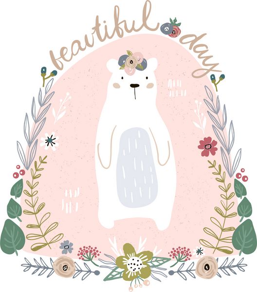 خرس کارتون ناز در گردن گل نقل قول زیبا چاپ کودکانه برای مهد کودک لباس بچه پوستر کارت پستال