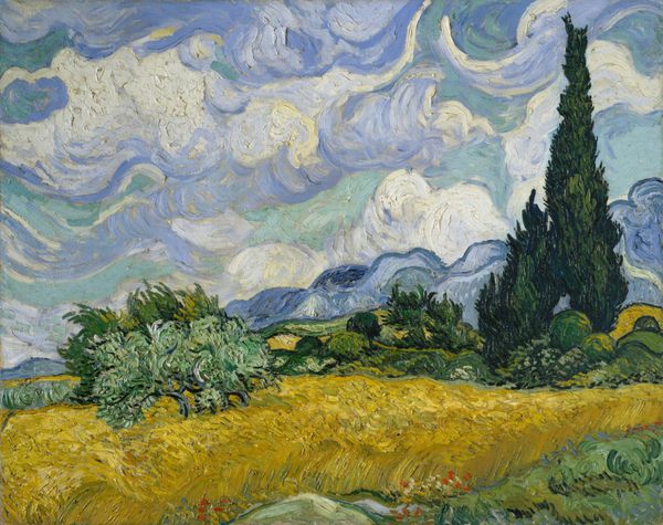 گندم مزرعه با Cypresses توسط وینسنت ون گوگ 1889 Post-Impresionist هلندی روغن بر روی بوم این اولین نسخه اش بود و به احتمال زیاد هوا پخش شد زمانی که ون گوگ توانست پیشین را ترک کند