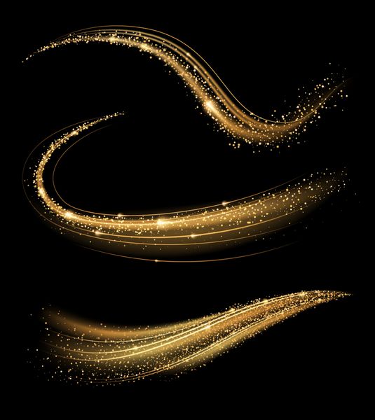 امواج خیره کننده طلایی با اثر نور جدا شده بر روی زمینه سیاه و سفید دنباله گرد و غبار ستاره درخشان حرکت خلاقانه خطوط چرخش سحر و جادو