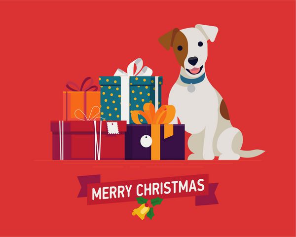بردار زیبا â € Merry Christmasâ € ™ کارت تبریک بنر یا قالب پوستر با سگ ناز تریر نشسته در کنار بسته هدیه انباشته