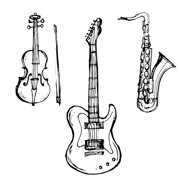 ابزار موسیقی مجموعه گیتار ویولون ساکسوفون خطوط انتزاعی خط کشیده طرح خط هنر جدا شده بر روی زمینه سفید تصویر برداری بردار برای صفحه کتاب رنگ آمیزی