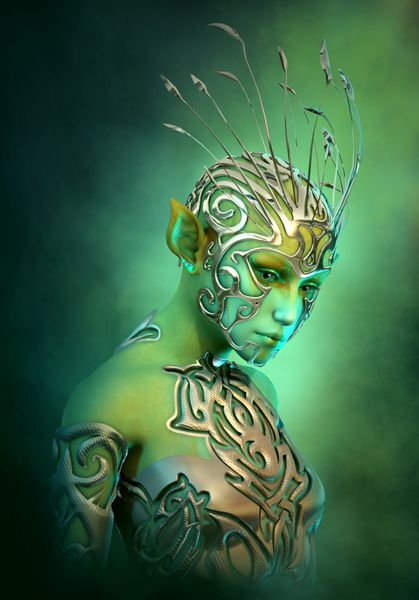 3D گرافیک کامپیوتری یک دختر فرازمینی با جواهرات و لباس های فلزی