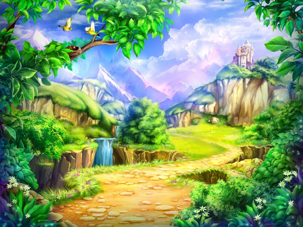 افسانه پس زمینه کارتون هنر دیجیتال تصویری از قلعه پری جاده کوه ها و آبشارها می تواند به عنوان مکان برای بازی و یا تصویر برای کتاب استفاده می شود