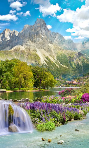 نقاشی دیجیتال چشم انداز زیبا با کوه و آبشار گل باغ
