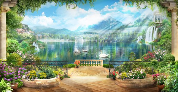 نقاشی دیجیتال تراس با گل و دسترسی به دریاچه با قوها سفید و دید از کوه ها