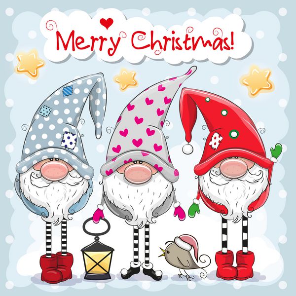 کارت پستال کریسمس با سه Gnomes ناز در یک پس زمینه آبی