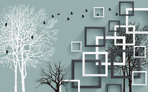 پوستر دیواری سه بعدی مربع ها و درخت های زیبا