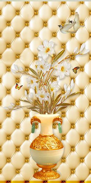 پوستر دیواری سه بعدی گل سفید در گلدان طلایی