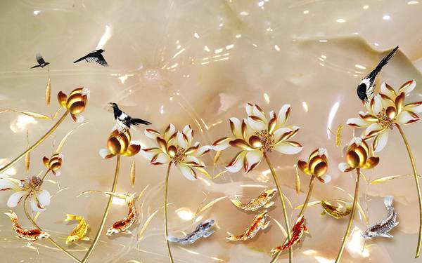 پوستر دیواری سه بعدی گل های هلندی طلایی و ماهی و پرنده