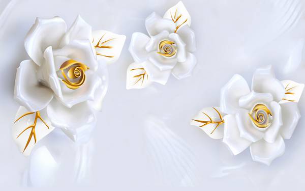 پوستر دیواری سه بعدی گل های سفید و طلایی