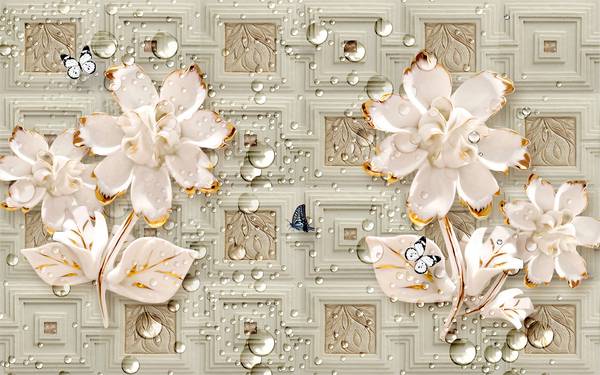 پوستر دیواری سه بعدی گل های کرم در پس زمینه سرامیکی