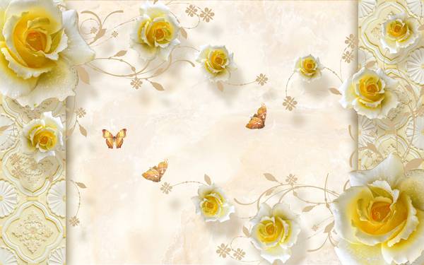 پوستر دیواری سه بعدی گل های هلندی طلایی و پس زمینه طرح دار