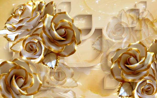 پوستر دیواری سه بعدی گل های طلایی سفید با پس زمینه بژ