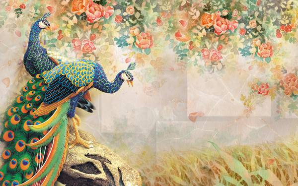 پوستر دیواری سه بعدی دو طاووس و پس زمینه گل