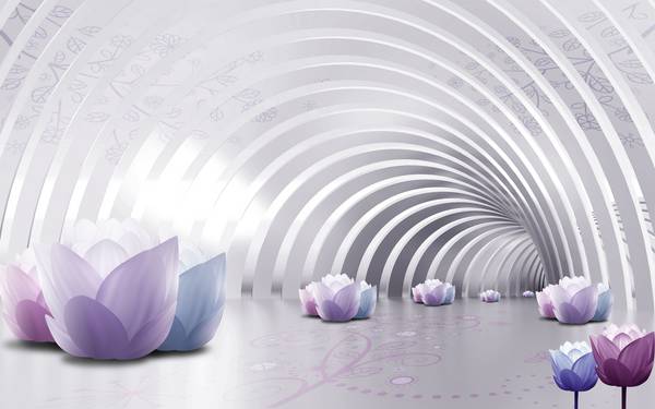 پوستر دیواری سه بعدی گل های بنش و صورتی در تونل