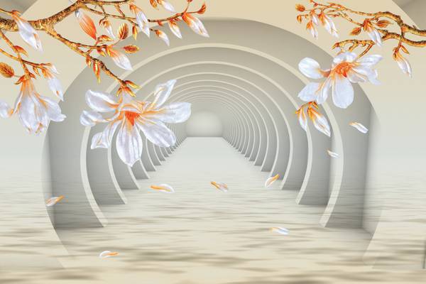پوستر دیواری سه بعدی تونل نیمه پرشده از آب با گل های سفید