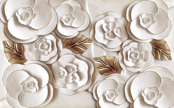 پوستر دیواری سه بعدی گل های سفید و قهوه ای حکاکی شده