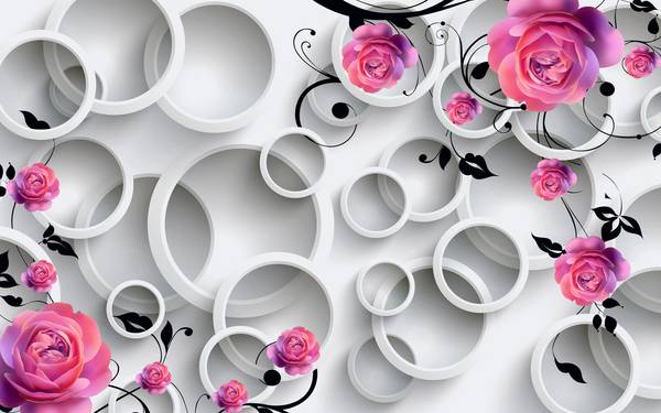 پوستر دیواری سه بعدی گل های صورتی با برگ های مشکی و دایره های سفید