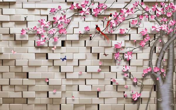 پوستر دیواری سه بعدی نقاشی درخت با گل های صورتی و پس زمینه دیوار