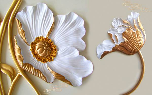 پوستر دیواری سه بعدی گل های سفید روی شاخه های طلا