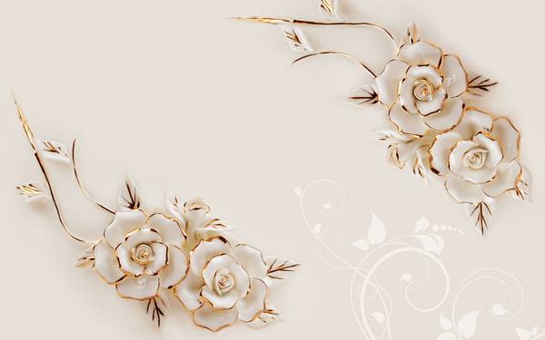 پوستر دیواری سه بعدی گل های طلایی و سفید با تم صورتی چرک