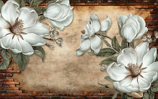 پوستر دیواری سه بعدی گل های هلندی سفید در پس زمنیه اجری