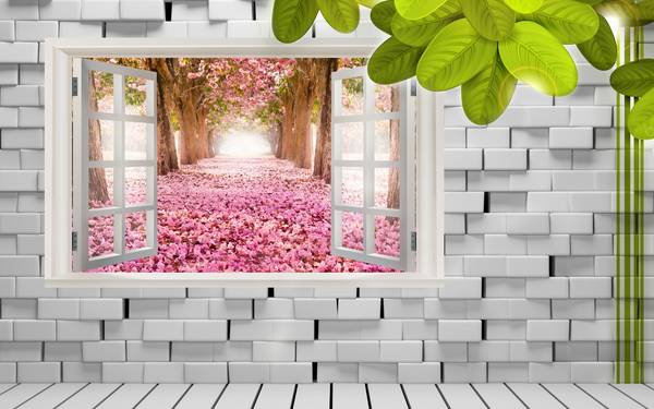 پوستر دیواری سه بعدی دیوار اجری با پنجره منظره شکوفه های صورتی