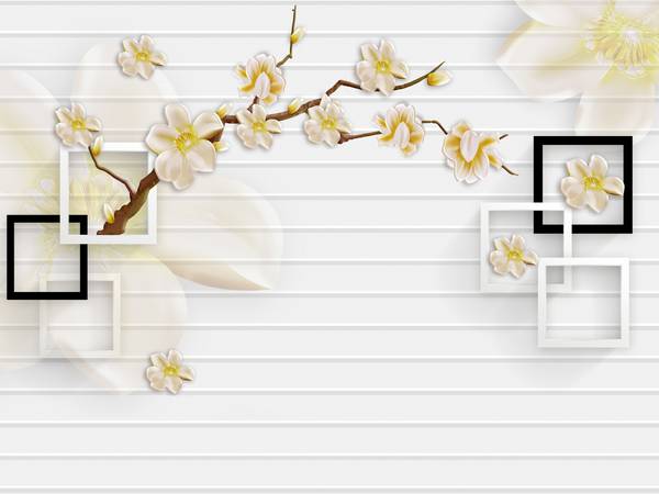 پوستر دیواری سه بعدی مربع های سیاه سفید با گل های طلایی