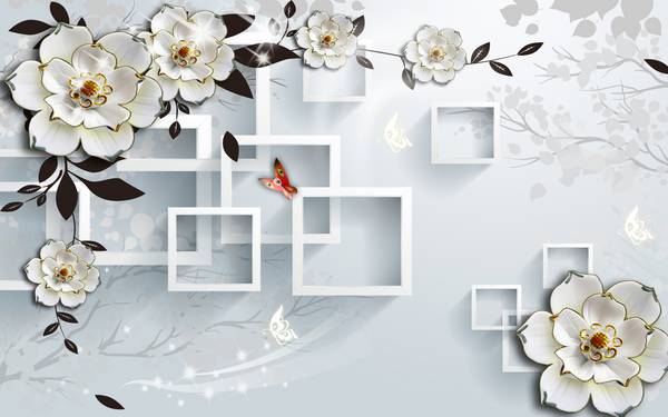 پوستر دیواری سه بعدی گل های سفید با تم مربعی و جواهرات براق