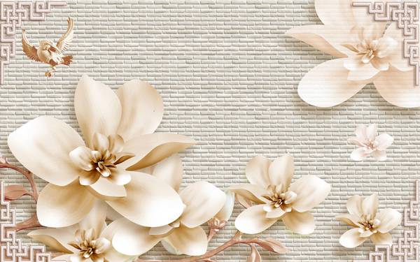 پوستر دیواری سه بعدی گل های هلندی سفید پس زمینه حاشیه