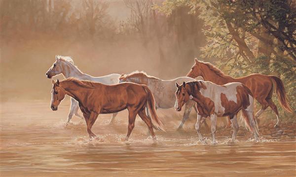 نقاشی رنگ روغن عبور اسب ها از رودخانه