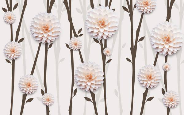 پوستر دیواری سه بعدی گل های سفید با برگ های خاکستری و س زمینه سفید