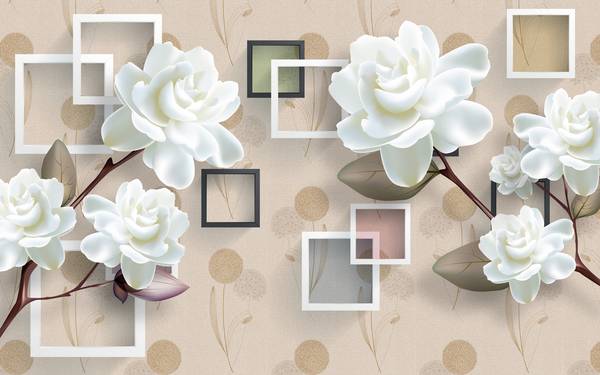 پوستر دیواری سه بعدی گل های هلندی سفید و مربع های پس زمینه