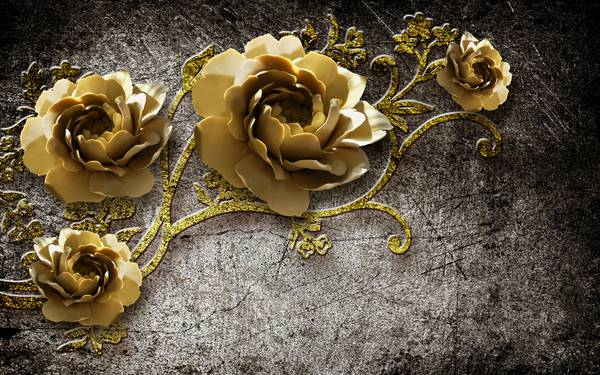 پوستر دیواری سه بعدی گل های هلندی طلایی و پس زمینه تیره