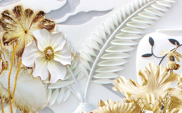 پوستر دیواری سه بعدی گل های هلندی سفید و طلایی و پس زمینه سفید