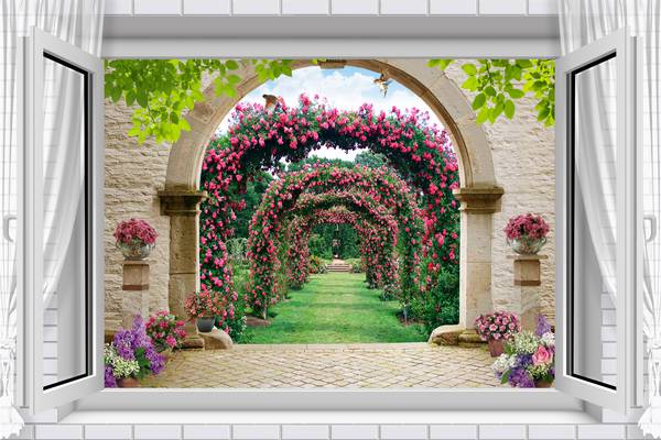 پوستر دیواری سه بعدی پنجره با منظره تونل ستون ها و گل ها