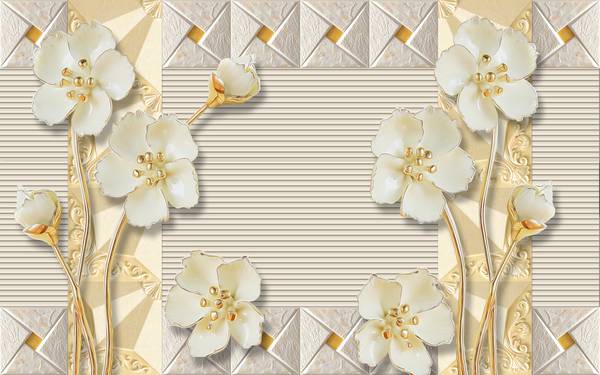 پوستر دیواری سه بعدی گل های هلندی سفید با شاخه های طلایی