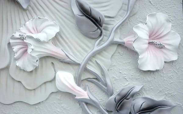 پوستر دیواری سه بعدی گل های هلندی سفید صورتی و برگ ها خاکستری