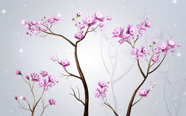 پوستر دیواری سه بعدی درخت با شکوفه های صورتی