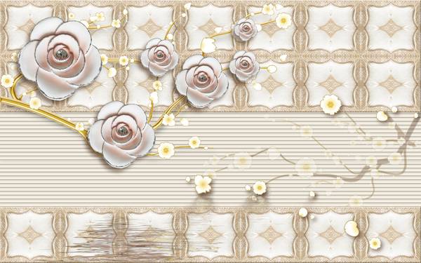 پوستر دیواری سه بعدی گل های هلندی صورتی و سفید و پس زمینه الگو سفید
