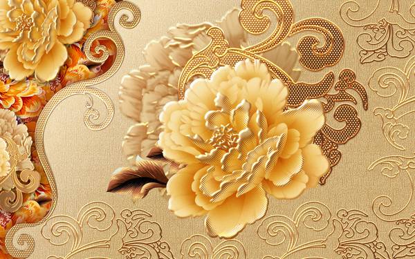 پوستر دیواری سه بعدی قاب گل طلایی و بژ