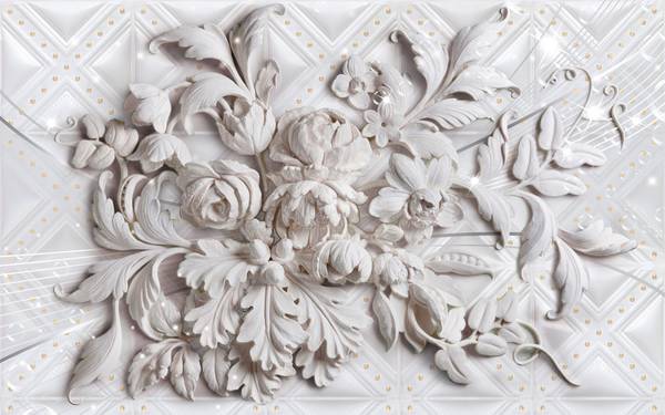 پوستر دیواری سه بعدی گل های حکاکی شده سفید با تم براق