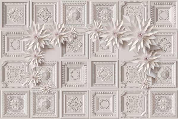 پوستر دیواری حکاکی گل های سفید و مربع های گچ بری شده